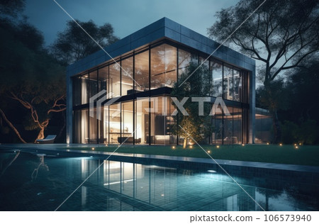 Design house - modern villa with open plan living and private bedroom wing. Large terrace with privacy and, swimming pool. Generative AI. 106573940