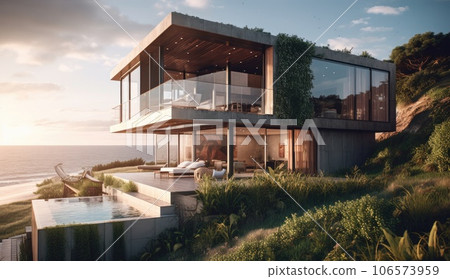 Design house - modern villa with open plan living and private bedroom wing. Large terrace with privacy and, swimming pool. Generative AI. 106573959