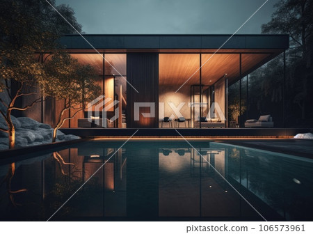 Design house - modern villa with open plan living and private bedroom wing. Large terrace with privacy and, swimming pool. Generative AI. 106573961