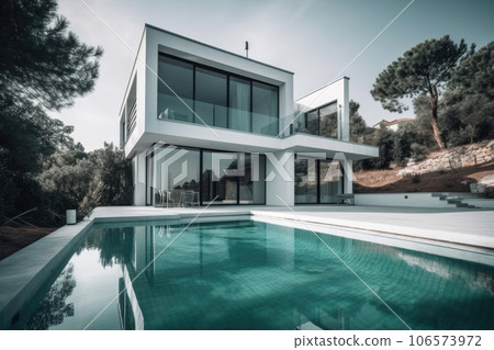 Design house - modern villa with open plan living and private bedroom wing. Large terrace with privacy and, swimming pool. Generative AI. 106573972