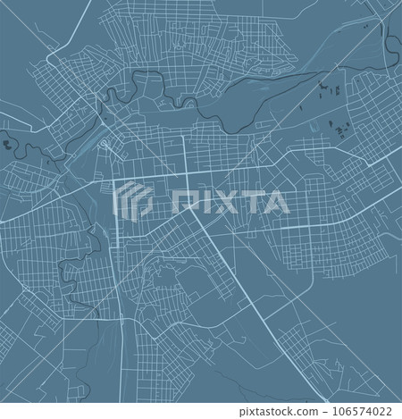 Blue Luhansk map, Ukraine, detailed municipality map, skyline panorama. Decorative graphic tourist map of Luhansk territory. Vector illustration. 106574022