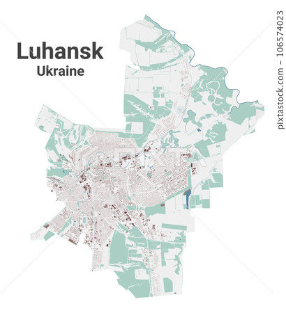 Luhansk map, oblast center city in Ukraine. Municipal administrative area map with buildings, rivers and roads, parks and railways. 106574023