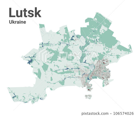 Lutsk map, oblast center city in Ukraine. Municipal administrative area map with buildings, rivers and roads, parks and railways. Lutsk map, oblast center city in Ukraine. Municipal administrative area map with buildings, rivers and roads, parks and railways. 106574026