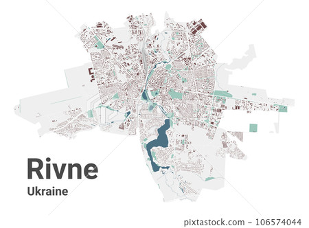 Rivne map, oblast center city in Ukraine. Municipal administrative area map with buildings, rivers and roads, parks and railways. Rivne map, oblast center city in Ukraine. Municipal administrative area map with buildings, rivers and roads, parks and railways. 106574044