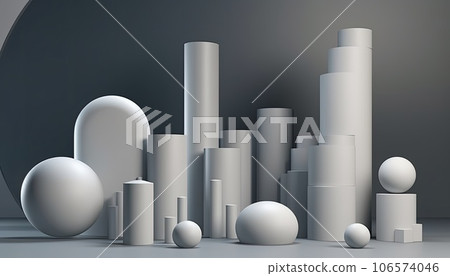 Geometric product display podium on gray background. Minimal different shapes scene stage showcase stand for product promotion presentation. AI Generative. Geometric product display podium on gray background. Minimal different shapes scene stage showcase stand for product promotion presentation. AI Generative. 106574046