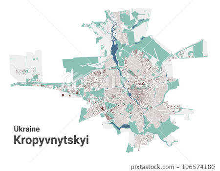 Kropyvnytskyi map, oblast center city in Ukraine. Municipal administrative area map with buildings, rivers and roads, parks and railways. 106574180