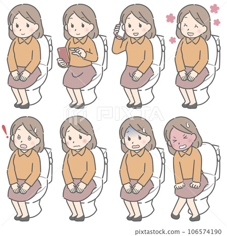 Various facial expressions of a young woman sitting on a toilet seat (plain clothes) 106574190