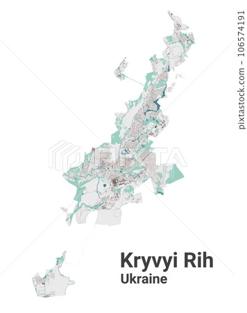 Kryvyi Rih map, oblast center city in Ukraine. Municipal administrative area map with buildings, rivers and roads, parks and railways. Kryvyi Rih map, oblast center city in Ukraine. Municipal administrative area map with buildings, rivers and roads, parks and railways. 106574191