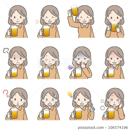 Various facial expressions of a young woman drinking alcohol (plain clothes) 106574196
