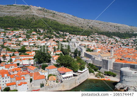 Dubrovnik, a world cultural heritage site in Croatia, the pearl of the Adriatic Sea, the city walls and old town seen from Lovrijenac Fortress 106574447
