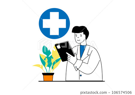 Medical service concept with people scene in flat web design. Man working as doctor in hospital, diagnosing and treating patients. Vector illustration for social media banner, marketing material. Medical service concept with people scene in flat web design. Man working as doctor in hospital, diagnosing and treating patients. Vector illustration for social media banner, marketing material. 106574506