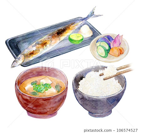 Watercolor illustration Autumn sword fish set meal set 106574527