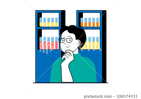 Medical service concept with people scene in flat web design. Man works as researcher in laboratory with test tubes on shelves. Vector illustration for social media banner, marketing material. Medical service concept with people scene in flat web design. Man works as researcher in laboratory with test tubes on shelves. Vector illustration for social media banner, marketing material. 106574531