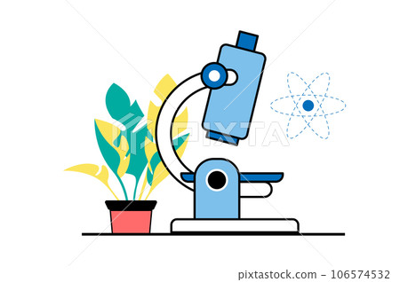 Medical service concept with people scene in flat web design. Laboratory tests and microbiological research using lab microscope. Vector illustration for social media banner, marketing material. 106574532