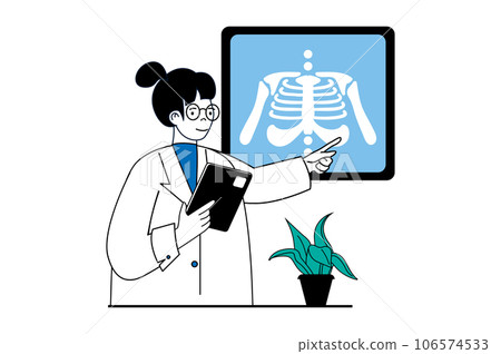 Medical service concept with people scene in flat web design. Woman doctor diagnoses x-ray of bones of chest and lungs of sick patient. Vector illustration for social media banner, marketing material. Medical service concept with people scene in flat web design. Woman doctor diagnoses x-ray of bones of chest and lungs of sick patient. Vector illustration for social media banner, marketing material. 106574533
