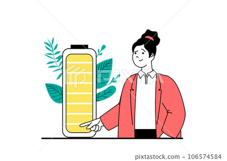 Green energy concept with people scene in flat web design. Woman recharging battery, smart uses charge and saves nature and plants. Vector illustration for social media banner, marketing material. Green energy concept with people scene in flat web design. Woman recharging battery, smart uses charge and saves nature and plants. Vector illustration for social media banner, marketing material. 106574584