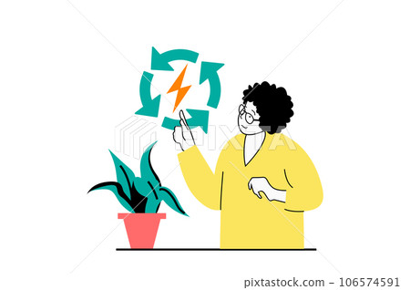 Green energy concept with people scene in flat web design. Woman using recycle and reuse technology and economical energy consumption. Vector illustration for social media banner, marketing material. 106574591