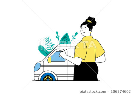 Green energy concept with people scene in flat web design. Woman using smart electric car with alternative energy charging technology. Vector illustration for social media banner, marketing material. Green energy concept with people scene in flat web design. Woman using smart electric car with alternative energy charging technology. Vector illustration for social media banner, marketing material. 106574602