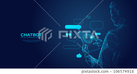 Abstract digital businessman with tablet uses chatbot app. AI concept Abstract digital businessman with tablet uses chatbot app. AI concept 106574918