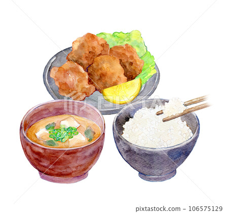 Watercolor illustration Japanese set menu Fried chicken set meal 106575129