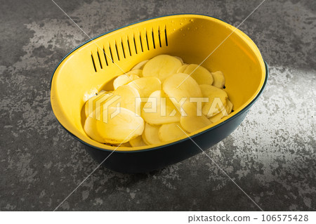 Sunlight shines on the potato slices. 106575428