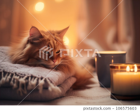Fluffy ginger cat on cozy knitted blanket in winter decorated home interior, warm light Fluffy ginger cat on cozy knitted blanket in winter decorated home interior, warm light 106575603
