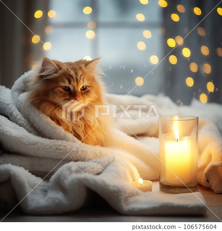 Fluffy ginger cat on cozy knitted blanket in winter decorated home interior, warm light Fluffy ginger cat on cozy knitted blanket in winter decorated home interior, warm light 106575604