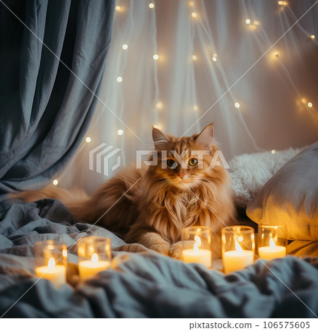 Fluffy ginger cat on cozy knitted blanket in winter decorated home interior, warm light Fluffy ginger cat on cozy knitted blanket in winter decorated home interior, warm light 106575605
