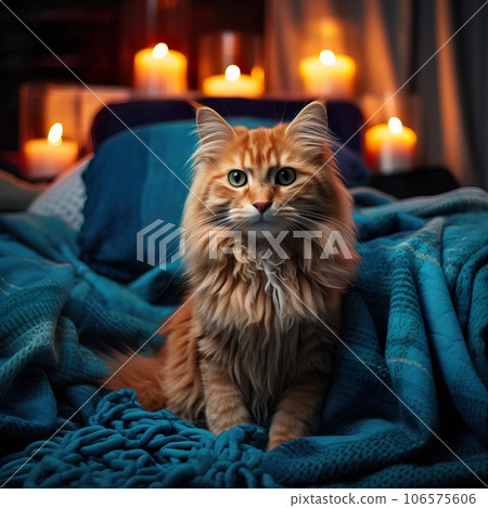 Fluffy ginger cat on cozy knitted blanket in winter decorated home interior, warm light Fluffy ginger cat on cozy knitted blanket in winter decorated home interior, warm light 106575606