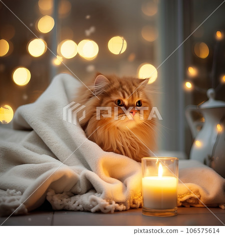 Fluffy ginger cat on cozy knitted blanket in winter decorated home interior, warm light 106575614