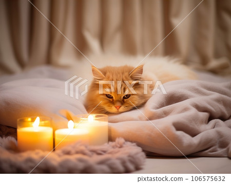 Fluffy ginger cat on cozy knitted blanket in winter decorated home interior, warm light Fluffy ginger cat on cozy knitted blanket in winter decorated home interior, warm light 106575632