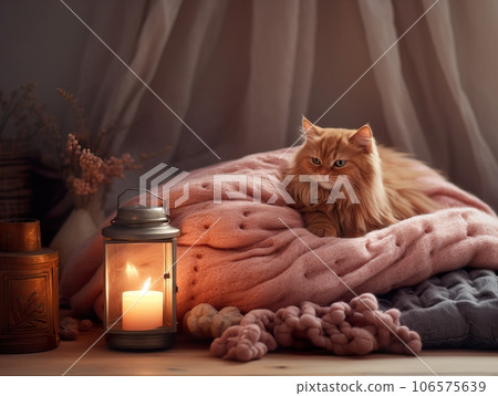 Fluffy ginger cat on cozy knitted blanket in winter decorated home interior, warm light Fluffy ginger cat on cozy knitted blanket in winter decorated home interior, warm light 106575639