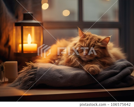 Fluffy ginger cat on cozy knitted blanket in winter decorated home interior, warm light 106575642