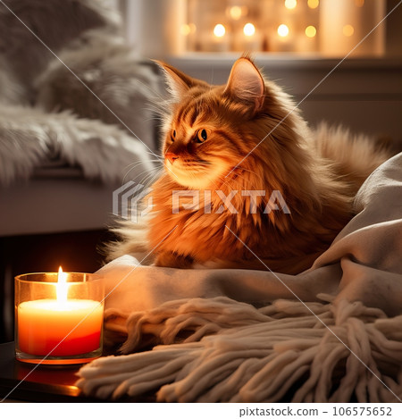 Fluffy ginger cat on cozy knitted blanket in winter decorated home interior, warm light Fluffy ginger cat on cozy knitted blanket in winter decorated home interior, warm light 106575652