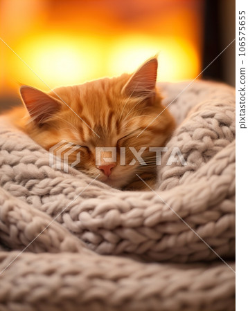 Fluffy ginger cat on cozy knitted blanket in winter decorated home interior, warm light Fluffy ginger cat on cozy knitted blanket in winter decorated home interior, warm light 106575655