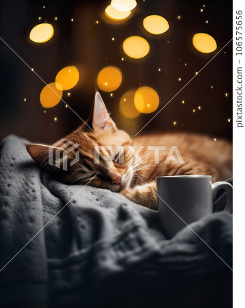 Fluffy ginger cat on cozy knitted blanket in winter decorated home interior, warm light Fluffy ginger cat on cozy knitted blanket in winter decorated home interior, warm light 106575656