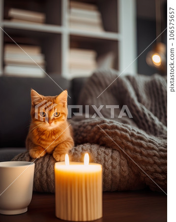 Fluffy ginger cat on cozy knitted blanket in winter decorated home interior, warm light 106575657
