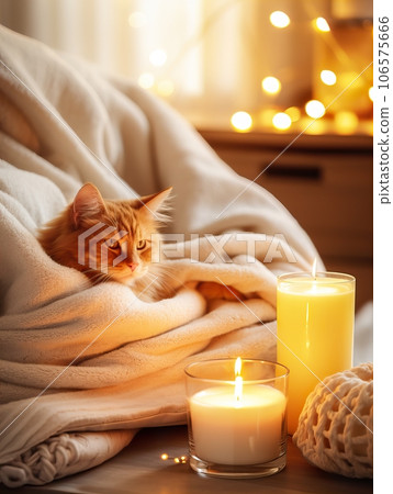 Fluffy ginger cat on cozy knitted blanket in winter decorated home interior, warm light Fluffy ginger cat on cozy knitted blanket in winter decorated home interior, warm light 106575666