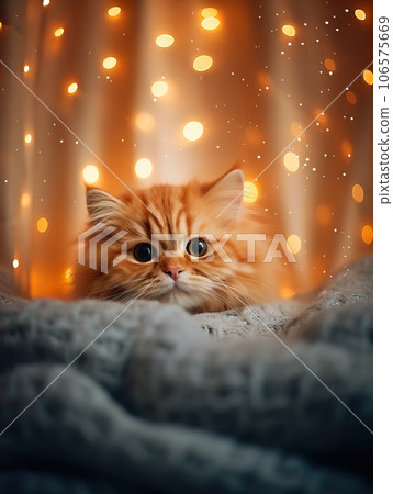 Fluffy ginger cat on cozy knitted blanket in winter decorated home interior, warm light Fluffy ginger cat on cozy knitted blanket in winter decorated home interior, warm light 106575669