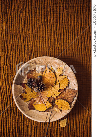 Autumn fall brown earthy tones background with dry maple leaves in plate and Muslin cotton double gauze brown fabric background. Autumn fall brown earthy tones background with dry maple leaves in plate and Muslin cotton double gauze brown fabric background. 106575670