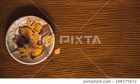 Autumn fall brown earthy tones background with dry maple leaves in plate and Muslin cotton double gauze brown fabric background. Autumn fall brown earthy tones background with dry maple leaves in plate and Muslin cotton double gauze brown fabric background. 106575672