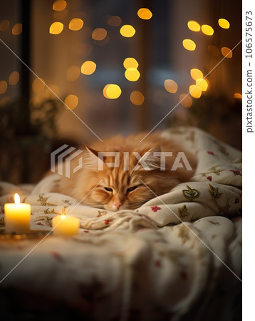 Fluffy ginger cat on cozy knitted blanket in winter decorated home interior, warm light Fluffy ginger cat on cozy knitted blanket in winter decorated home interior, warm light 106575673