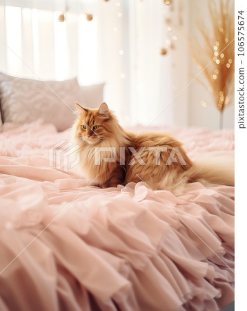 Fluffy ginger cat on cozy knitted blanket in winter decorated home interior, warm light Fluffy ginger cat on cozy knitted blanket in winter decorated home interior, warm light 106575674