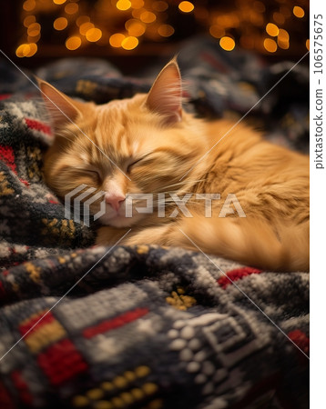 Fluffy ginger cat on cozy knitted blanket in winter decorated home interior, warm light Fluffy ginger cat on cozy knitted blanket in winter decorated home interior, warm light 106575675