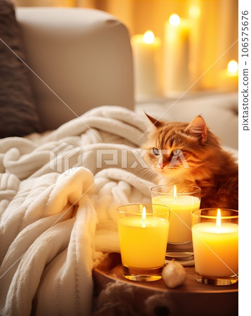 Fluffy ginger cat on cozy knitted blanket in winter decorated home interior, warm light Fluffy ginger cat on cozy knitted blanket in winter decorated home interior, warm light 106575676