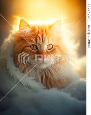 Fluffy ginger cat on cozy knitted blanket in winter decorated home interior, warm light Fluffy ginger cat on cozy knitted blanket in winter decorated home interior, warm light 106575677