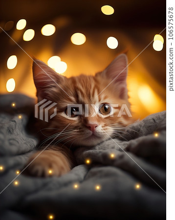 Fluffy ginger cat on cozy knitted blanket in winter decorated home interior, warm light Fluffy ginger cat on cozy knitted blanket in winter decorated home interior, warm light 106575678