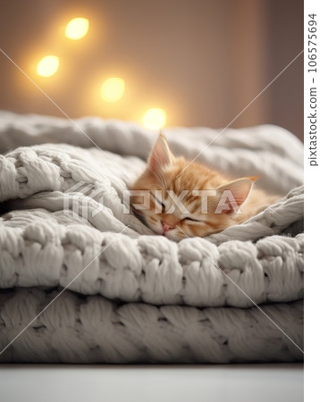 Fluffy ginger cat on cozy knitted blanket in winter decorated home interior, warm light Fluffy ginger cat on cozy knitted blanket in winter decorated home interior, warm light 106575694
