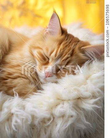 Fluffy ginger cat on cozy knitted blanket in winter decorated home interior, warm light 106575698