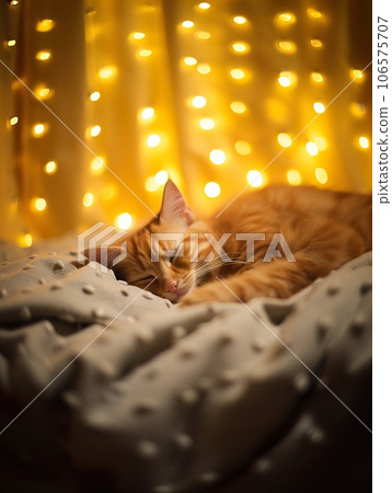 Fluffy ginger cat on cozy knitted blanket in winter decorated home interior, warm light Fluffy ginger cat on cozy knitted blanket in winter decorated home interior, warm light 106575707